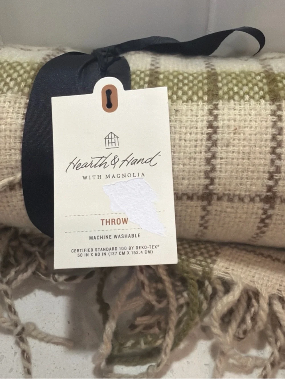 Plaid Throw Blanket Beige Brown Green w/ Fringe 60” x 50” Hearth & Hand NWT